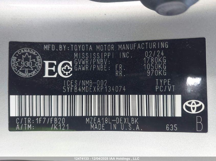 2024 Toyota Corolla Le VIN: 5YFB4MDEXRP134074 Lot: 12474133