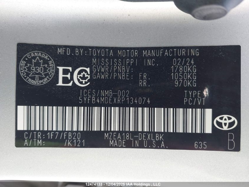 2024 Toyota Corolla Le VIN: 5YFB4MDEXRP134074 Lot: 12474133