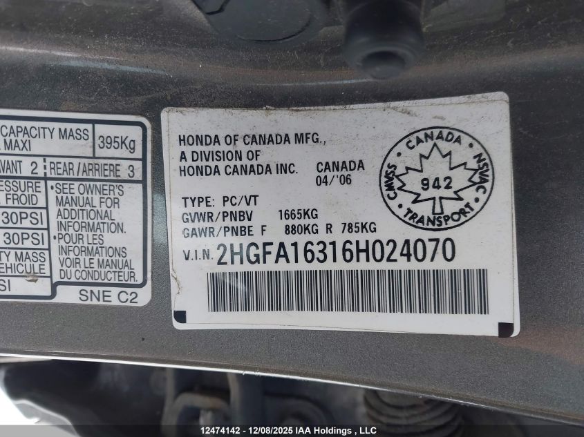 2006 Honda Civic VIN: 2HGFA16316H024070 Lot: 12474142