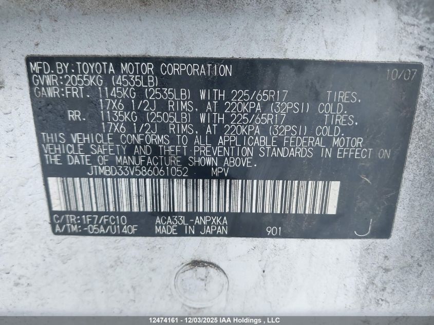 2008 Toyota Rav4 VIN: JTMBD33V586061052 Lot: 12474161