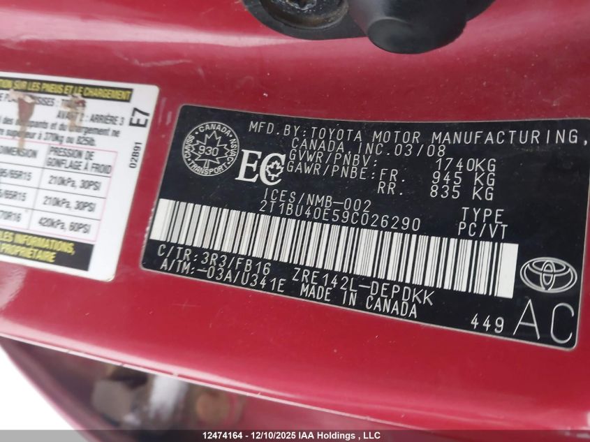 2009 Toyota Corolla S/Le/Xle VIN: 2T1BU40E59C026290 Lot: 12474164