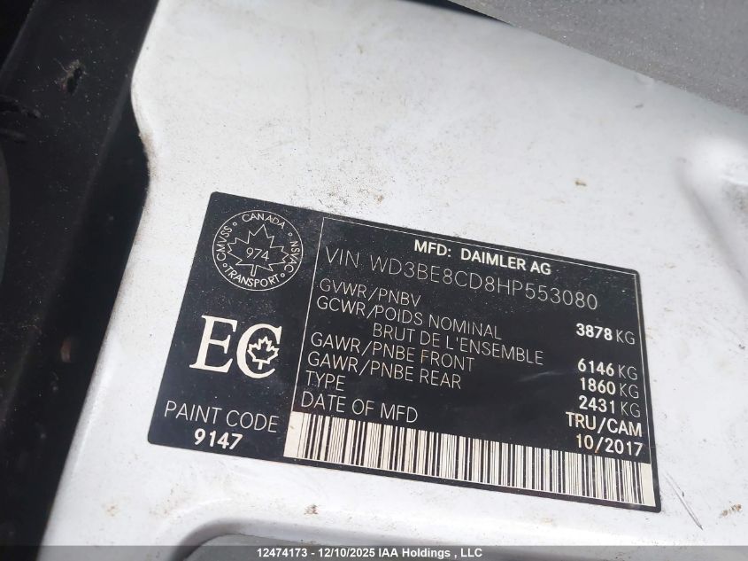 2017 Mercedes-Benz Sprinter 2500 High Roof V6 VIN: WD3BE8CD8HP553080 Lot: 12474173