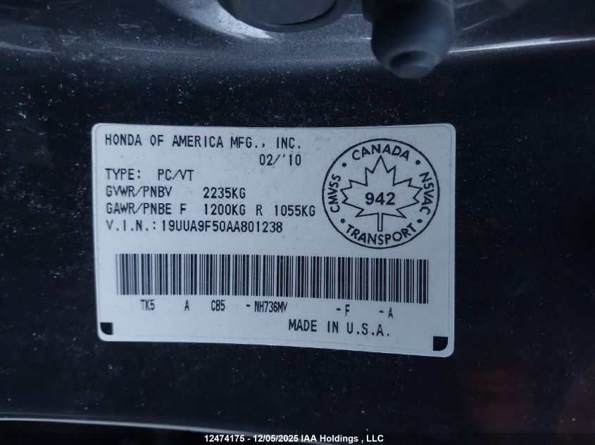 2010 Acura Tl VIN: 19UUA9F50AA801238 Lot: 12474175