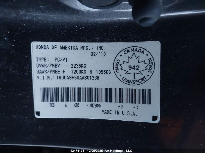 2010 Acura Tl VIN: 19UUA9F50AA801238 Lot: 12474175