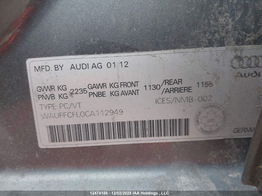 2012 Audi A4 Premium VIN: WAUFFCFL0CA112949 Lot: 12474188