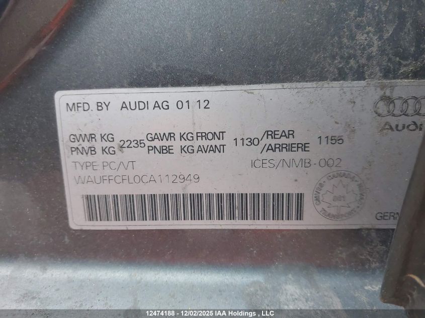 2012 Audi A4 Premium VIN: WAUFFCFL0CA112949 Lot: 12474188