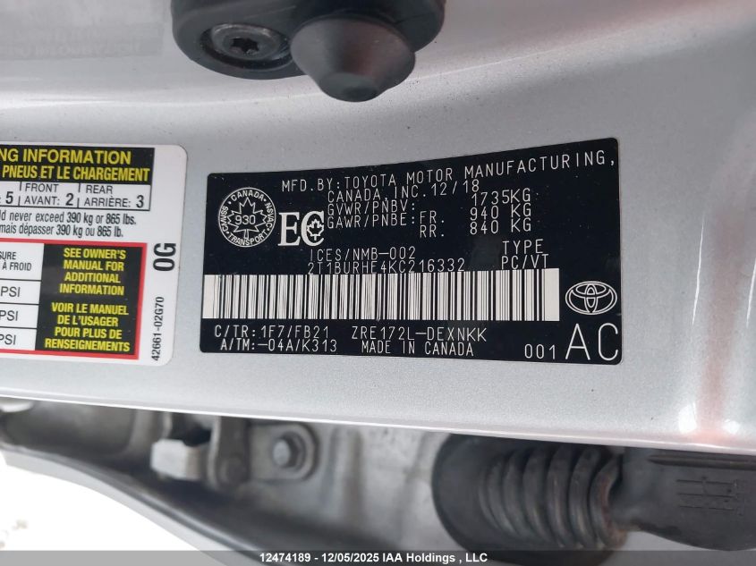 2019 Toyota Corolla Le VIN: 2T1BURHE4KC216332 Lot: 12474189