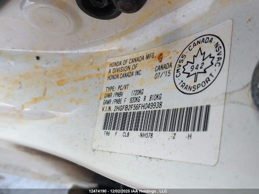 2015 Honda Civic Lx VIN: 2HGFB2F56FH049938 Lot: 12474190