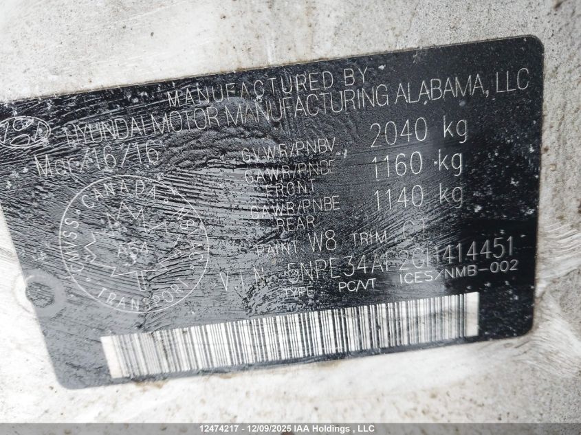 2016 Hyundai Sonata Sport/Limited VIN: 5NPE34AF2GH414451 Lot: 12474217