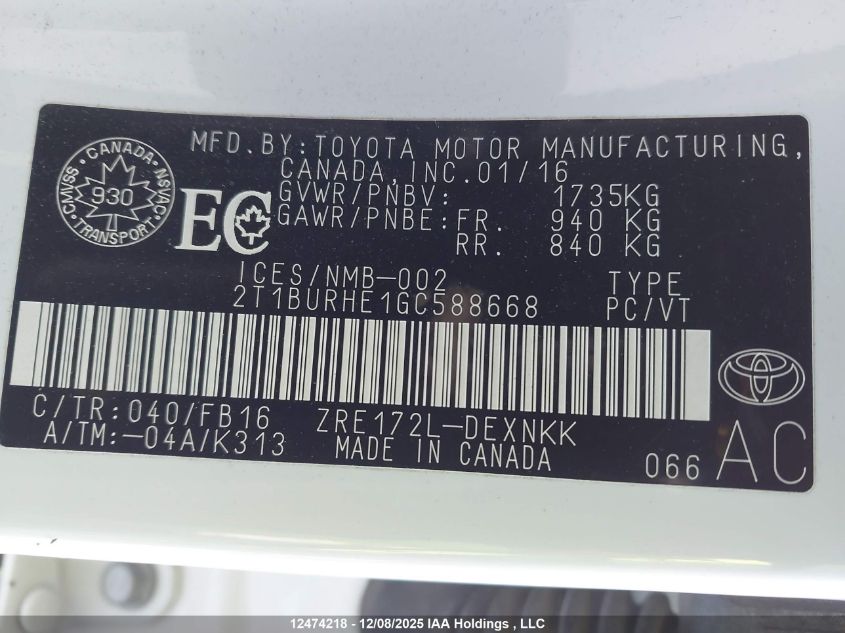 2016 Toyota Corolla Le VIN: 2T1BURHE1GC588668 Lot: 12474218