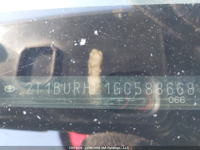 2016 Toyota Corolla Le VIN: 2T1BURHE1GC588668 Lot: 12474218