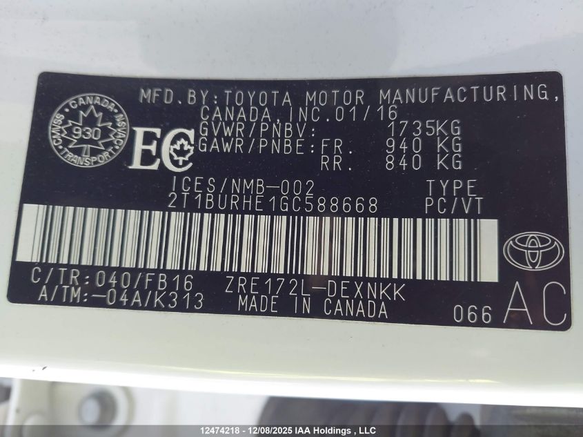 2016 Toyota Corolla Le VIN: 2T1BURHE1GC588668 Lot: 12474218