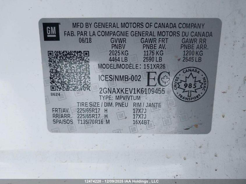 2019 Chevrolet Equinox VIN: 2GNAXKEV1K6109455 Lot: 12474220