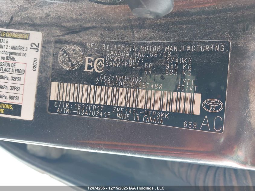 2009 Toyota Corolla VIN: 2T1BU40E79C097488 Lot: 12474235