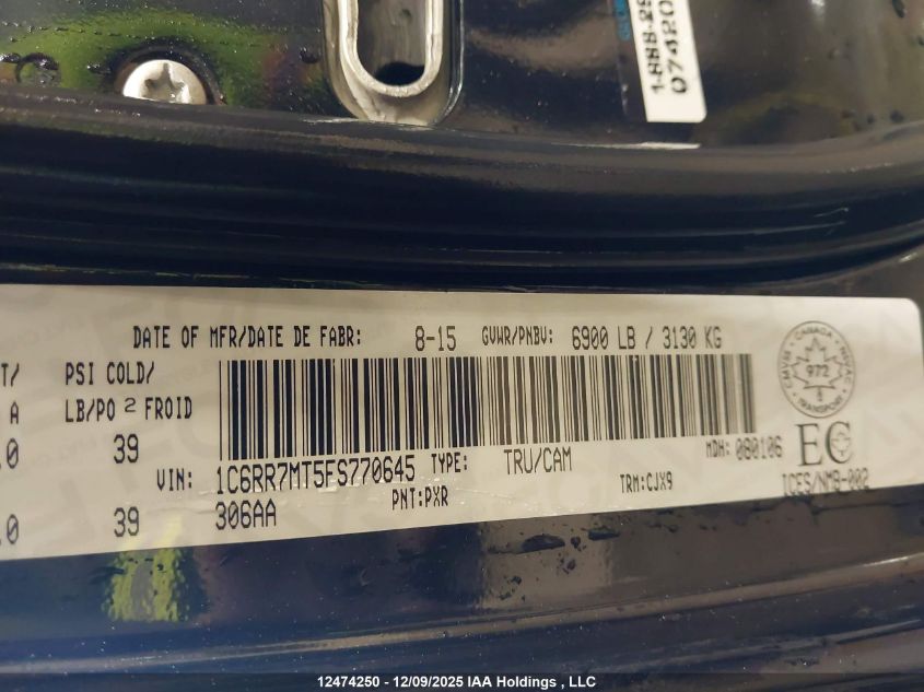 2015 Ram 1500 Sport VIN: 1C6RR7MT5FS770645 Lot: 12474250