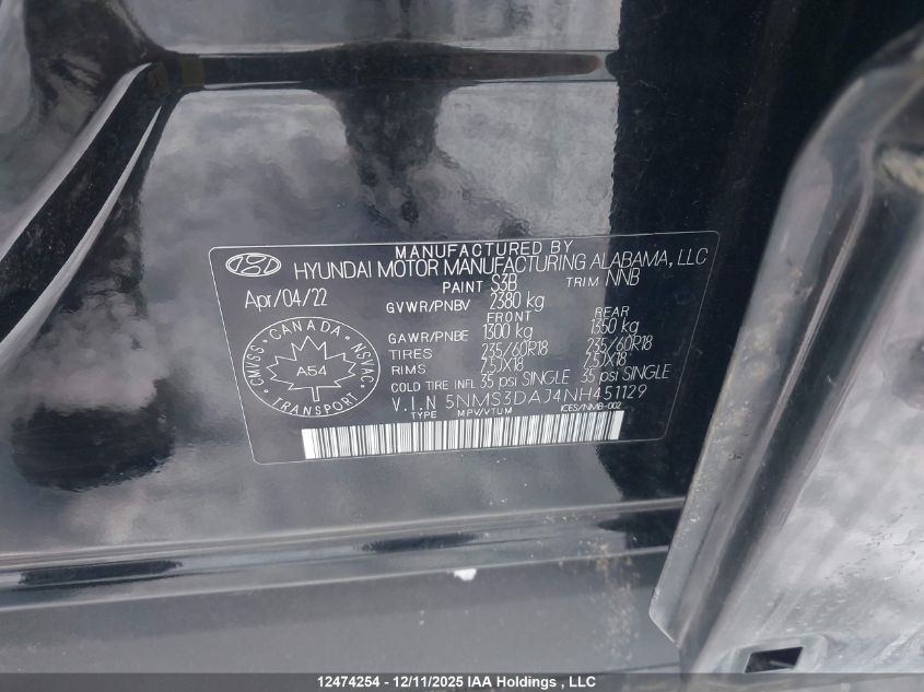 2022 Hyundai Santa Fe VIN: 5NMS3DAJ4NH451129 Lot: 12474254