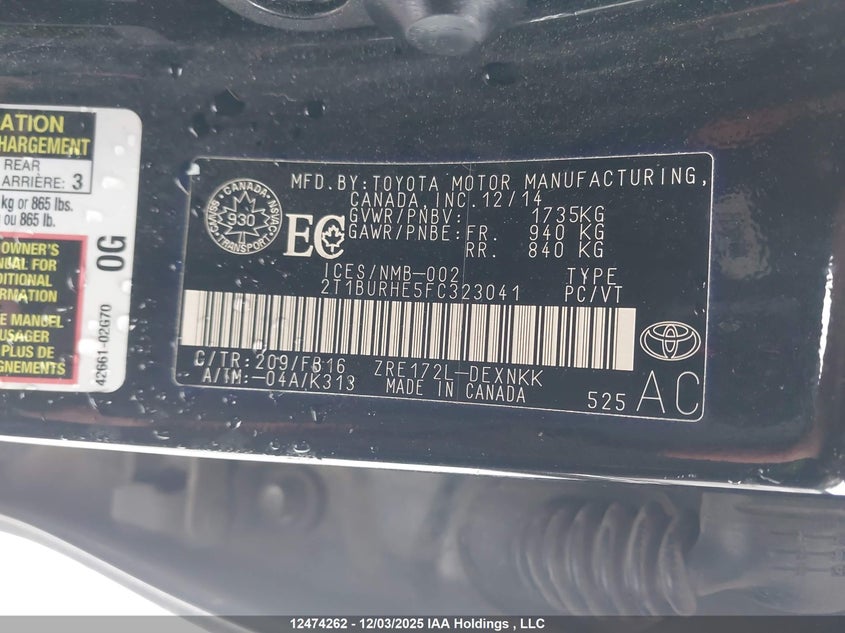 2T1BURHE5FC323041 2015 TOYOTA COROLLA photo no. 9