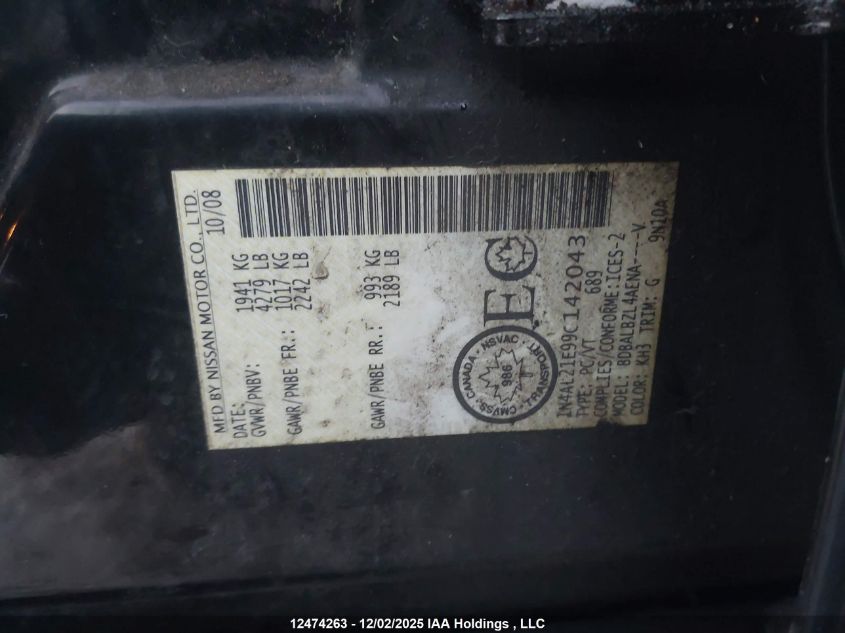 2009 Nissan Altima 2.5/2.5S VIN: 1N4AL21E99C142043 Lot: 12474263