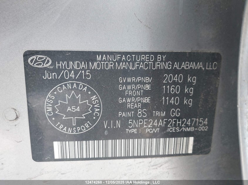 5NPE24AF2FH247154 2015 HYUNDAI SONATA photo no. 9