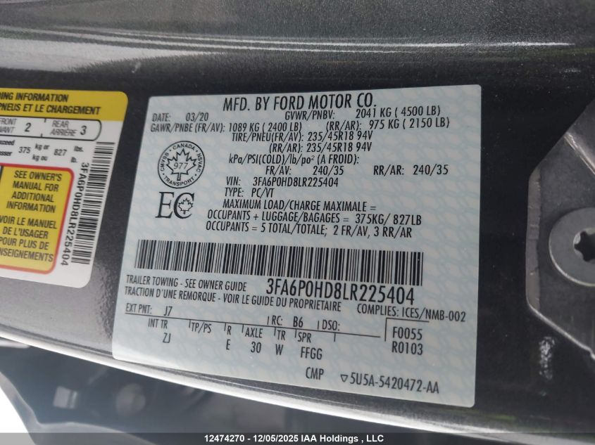 2020 Ford Fusion Se VIN: 3FA6P0HD8LR225404 Lot: 12474270