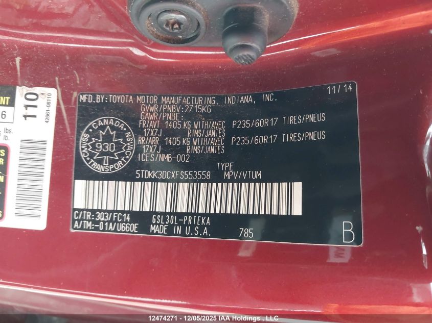 2015 Toyota Sienna VIN: 5TDKK3DCXFS553558 Lot: 12474271