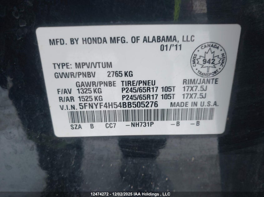 5FNYF4H54BB505276 2011 HONDA PILOT photo no. 9