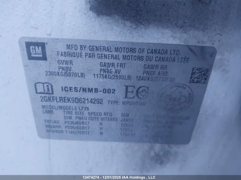 2013 GMC Terrain Sle VIN: 2GKFLREK9D6214292 Lot: 12474274