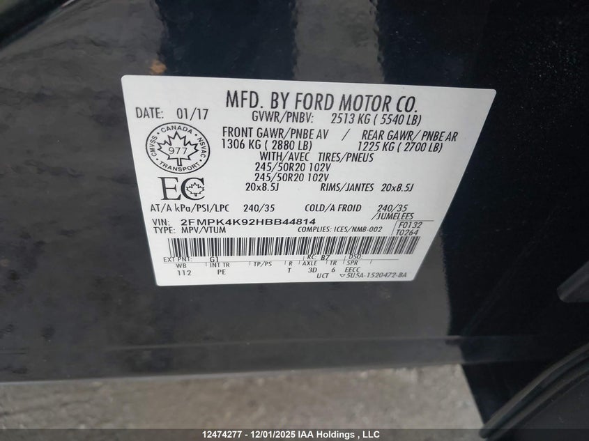 2FMPK4K92HBB44814 2017 FORD EDGE photo no. 9