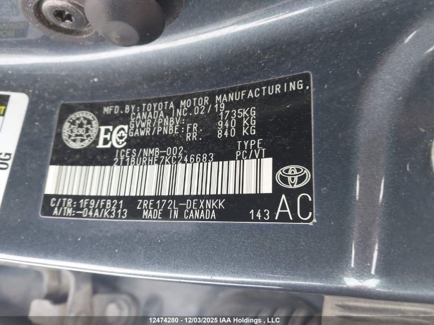 2019 Toyota Corolla Le VIN: 2T1BURHE7KC246683 Lot: 12474280