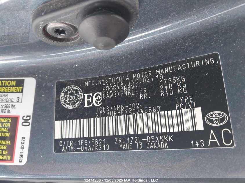 2019 Toyota Corolla Le VIN: 2T1BURHE7KC246683 Lot: 12474280