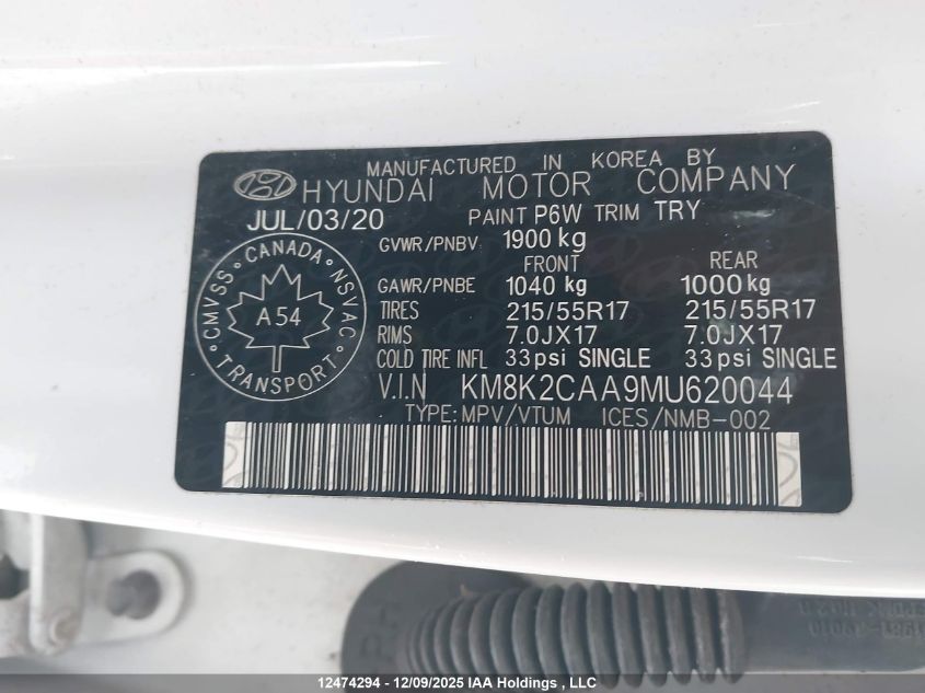 2021 Hyundai Kona Preferred Awd VIN: KM8K2CAA9MU620044 Lot: 12474294