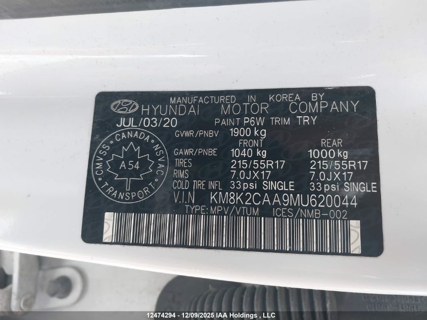 2021 Hyundai Kona Preferred Awd VIN: KM8K2CAA9MU620044 Lot: 12474294