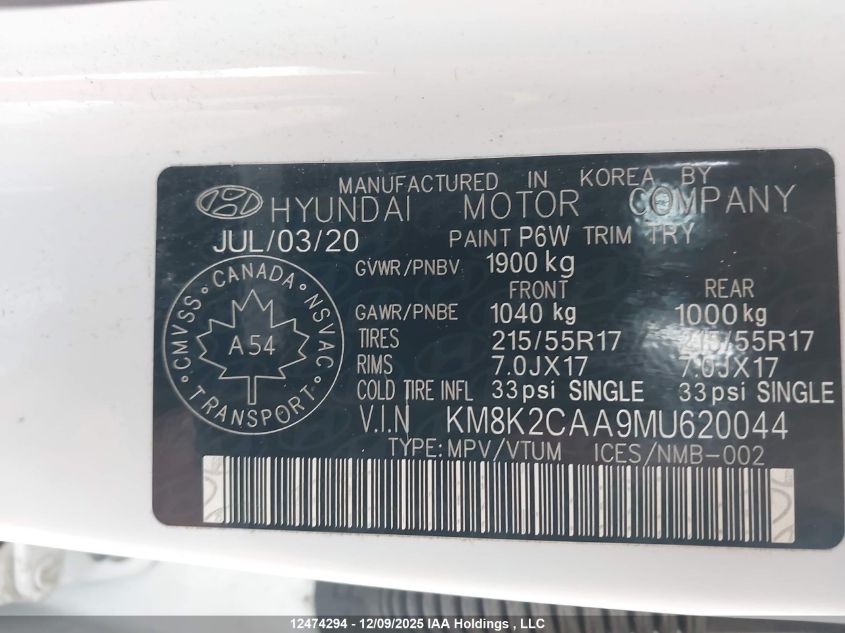 2021 Hyundai Kona Preferred Awd VIN: KM8K2CAA9MU620044 Lot: 12474294