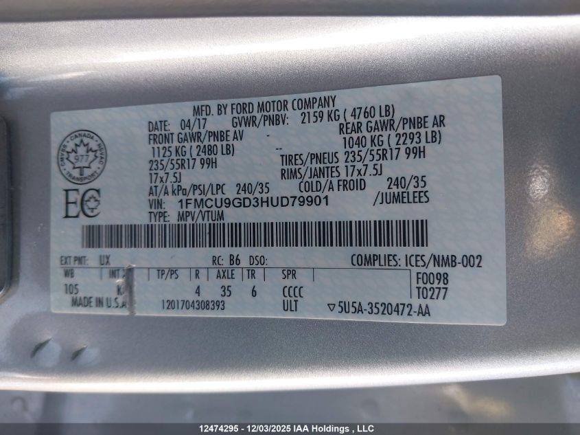 2017 Ford Escape Se VIN: 1FMCU9GD3HUD79901 Lot: 12474295