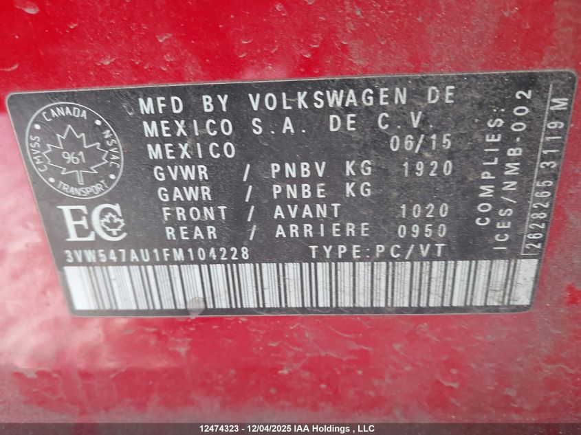 2015 Volkswagen Golf Gti 5-Door Performance VIN: 3VW547AU1FM104228 Lot: 12474323