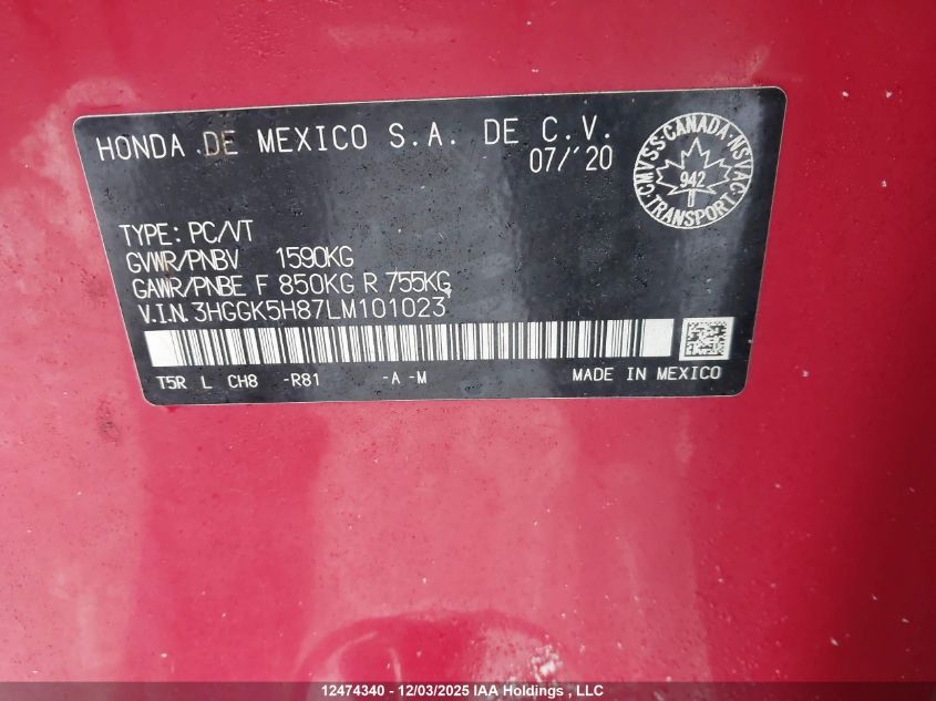 2020 Honda Fit Ex-L Navi VIN: 3HGGK5H87LM101023 Lot: 12474340