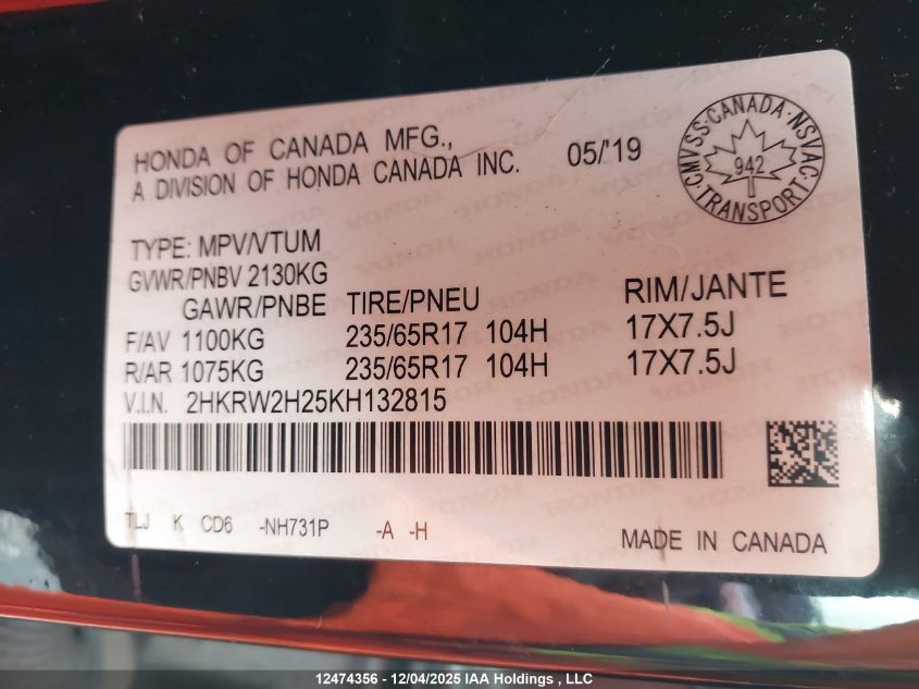 2019 Honda Cr-V Lx VIN: 2HKRW2H25KH132815 Lot: 12474356