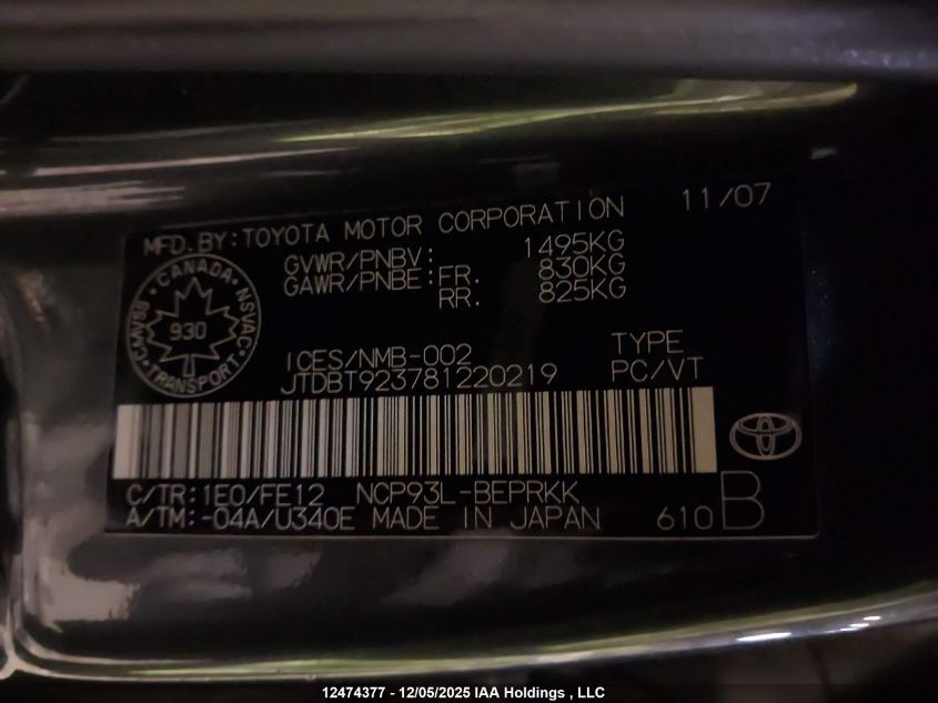 2008 Toyota Yaris VIN: JTDBT923781220219 Lot: 12474377