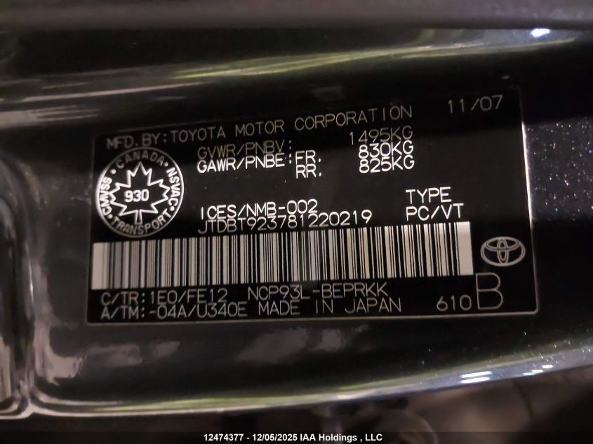 2008 Toyota Yaris VIN: JTDBT923781220219 Lot: 12474377