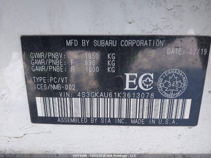 2019 Subaru Impreza Sport-Tech VIN: 4S3GKAU61K3613078 Lot: 12474399