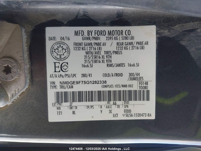 2016 Ford Transit Connect Xlt VIN: NM0GE9F75G1282338 Lot: 12474408