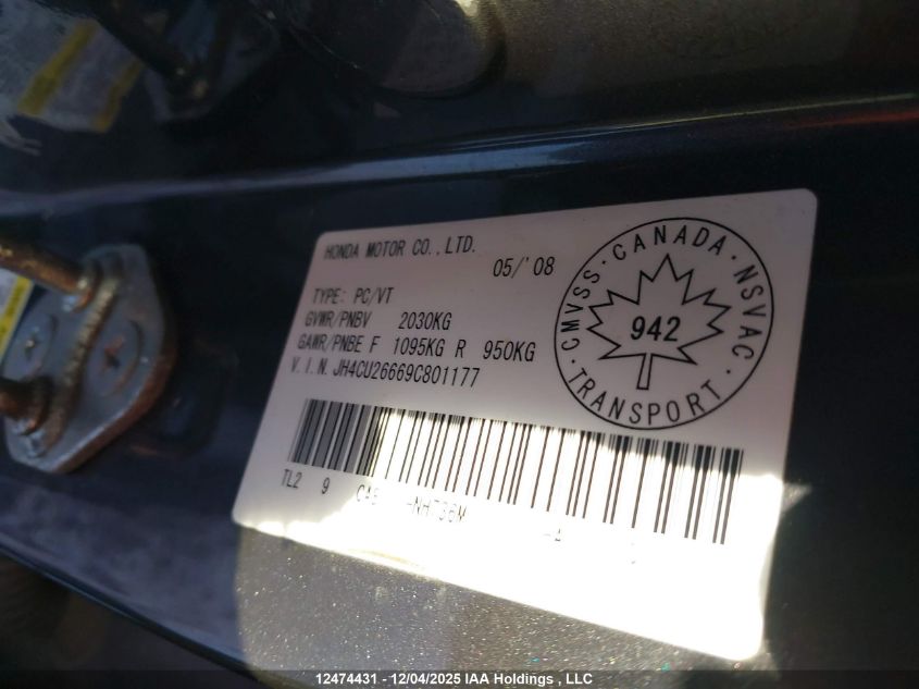 2009 Acura Tsx VIN: JH4CU26669C801177 Lot: 12474431