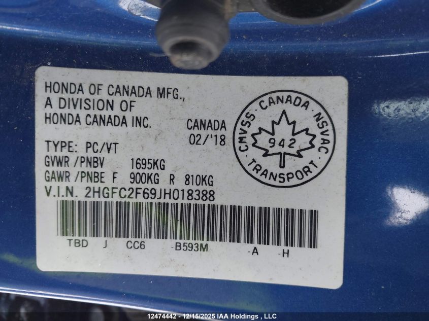 2018 Honda Civic VIN: 2HGFC2F69JH018388 Lot: 12474442