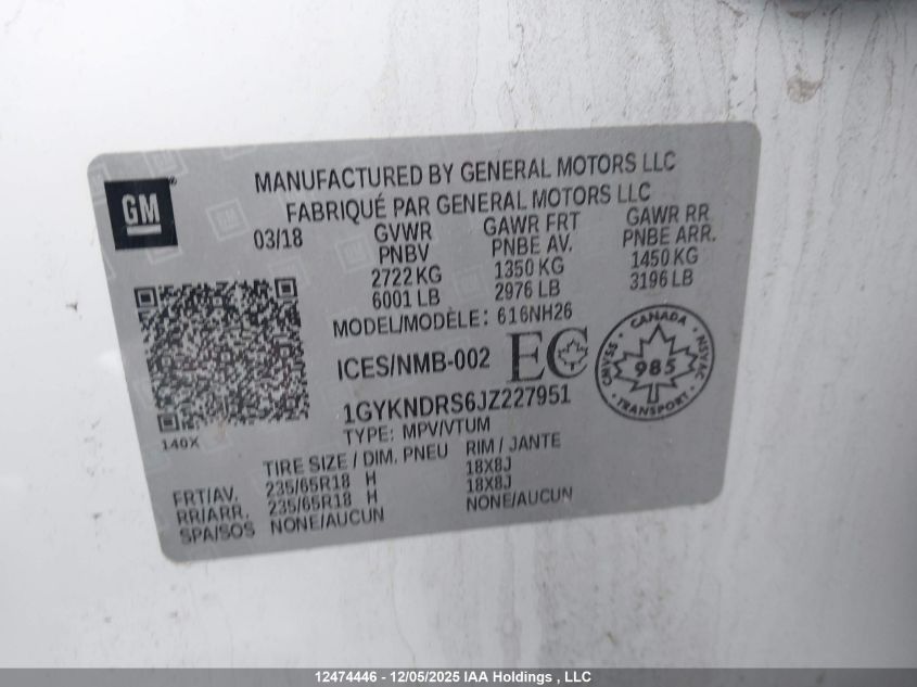 2018 Cadillac Xt5 Luxury VIN: 1GYKNDRS6JZ227951 Lot: 12474446