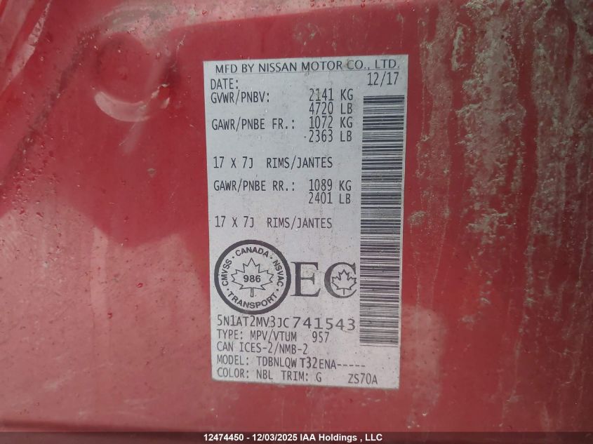 2018 Nissan Rogue Midnight Edition/S/Sl/Sl W/Propilot Assist/Sv VIN: 5N1AT2MV3JC741543 Lot: 12474450