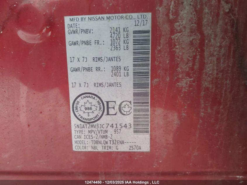 2018 Nissan Rogue Midnight Edition/S/Sl/Sl W/Propilot Assist/Sv VIN: 5N1AT2MV3JC741543 Lot: 12474450