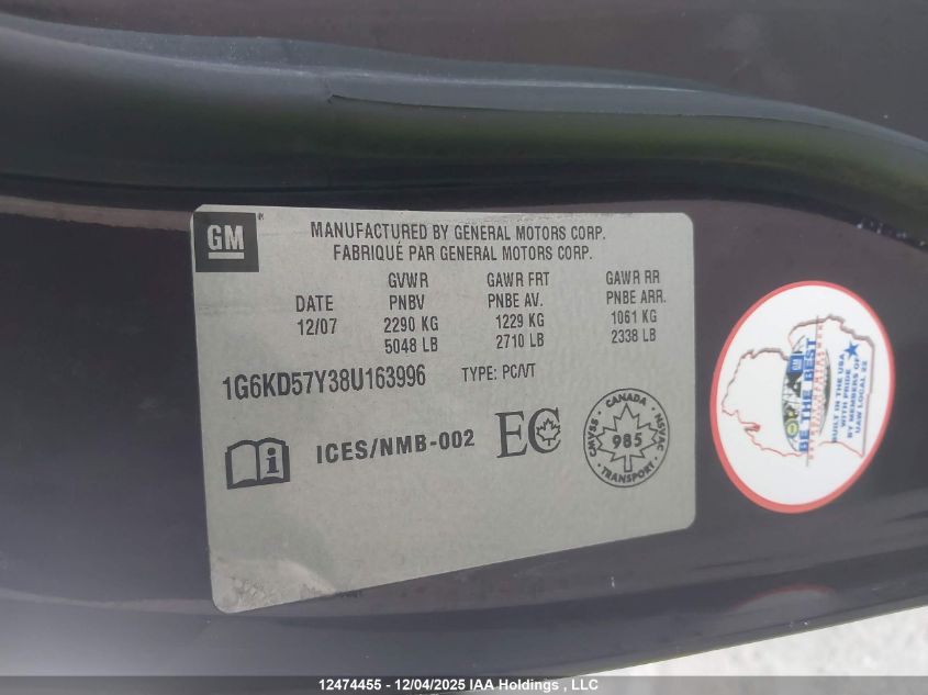 2008 Cadillac Dts VIN: 1G6KD57Y38U163996 Lot: 12474455