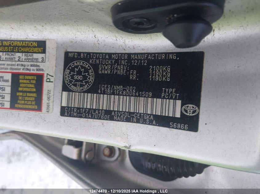 2013 Toyota Camry L/Se/Le/Xle VIN: 4T1BF1FK8DU641509 Lot: 12474470