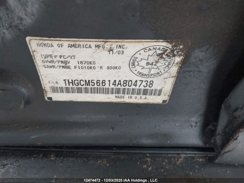 2004 Honda Accord Ex-L/Lx-G VIN: 1HGCM56614A804738 Lot: 12474472