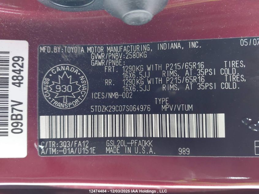 2007 Toyota Sienna Ce 7 Passenger/Ce 8 Passenger VIN: 5TDZK29C07S064976 Lot: 12474484